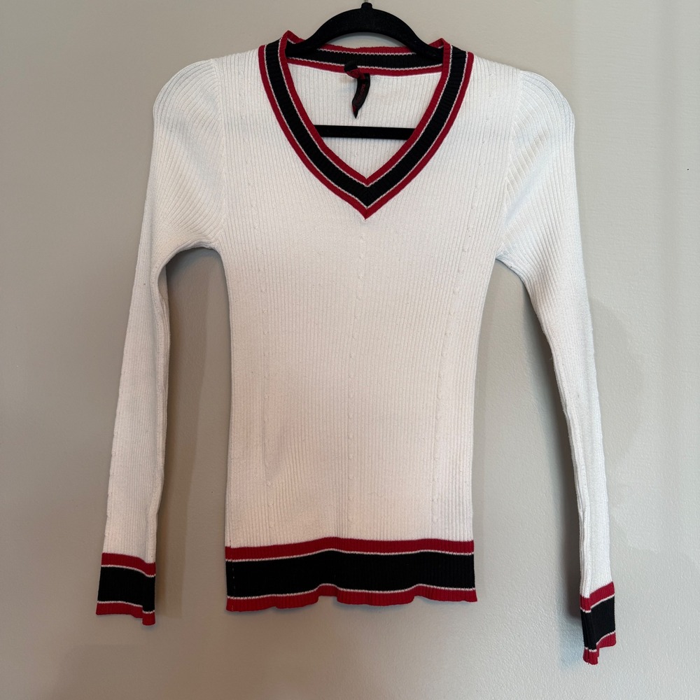Y2K Retro Varsity Style White Red Black V Neck Ribbed Long Sleeve Sweater Size L